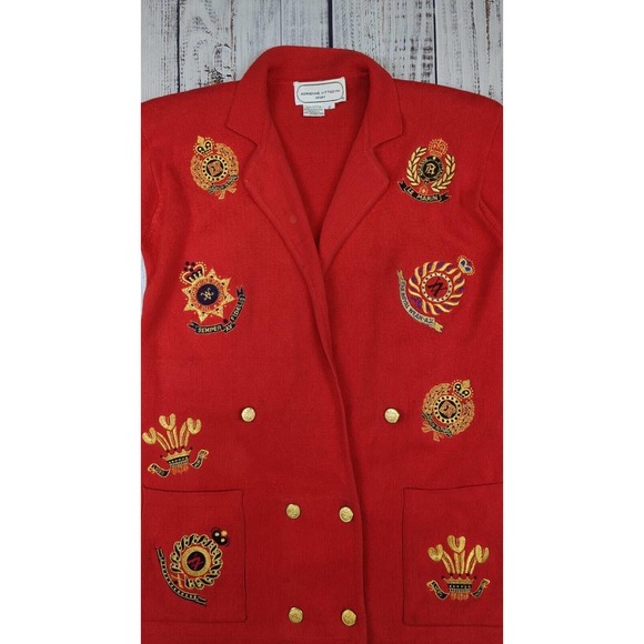 Vtg Crest All Over Embroidered Blazer Jacket Double Breast Grandma Cardigan Sz S - Picture 4 of 6